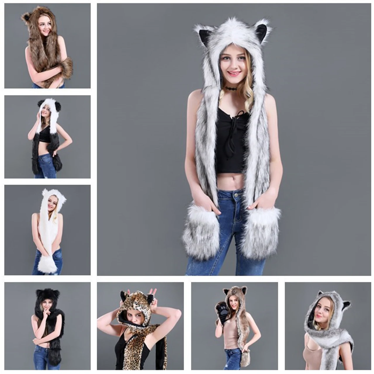Cosplay White Tiger Winter Novelty Faux Fur Hoods Animal Hat Scarf Gloves 3 in1 Fleece Hooded Plush Warm Earmuff Warcraft Cap