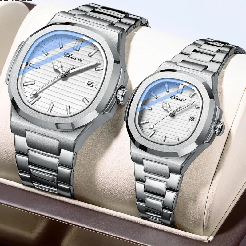 Chenxi 8222 moda casal relógio de quartzo à prova dwaterproof água luz noturna data pulseira de aço inoxidável casual data relógio masculino e feminino