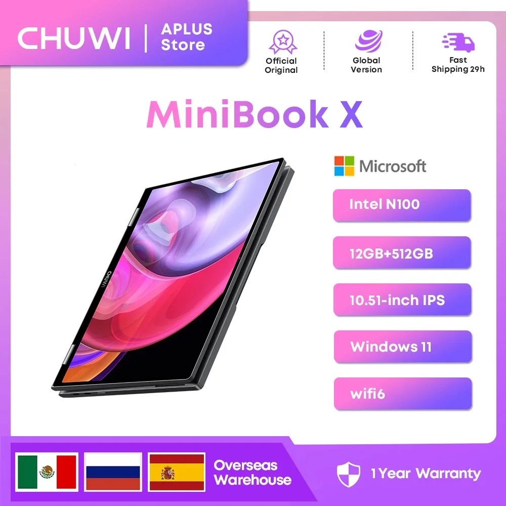 CHUWI MiniBook X Tablet 2 w 1 Laptop Intel N100 Notebook 12 GB LPDDR5 512G SSD 10.51 "FHD Ekran IPS WiFi6 PC Windows 11 Laptopy