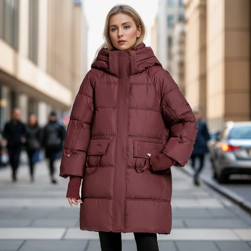2024ฤดูหนาวผู้หญิงลงเสื้อฝ้ายหญิงStand Collar Hooded Parkasกระเป๋าเสื้อผู้หญิงเข่าความยาวเสื้อแจ็คเก็ตหนา
