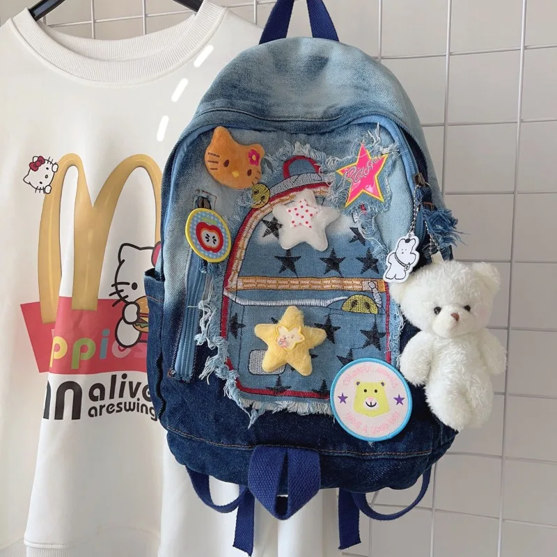 MBTI Vintage Hallo Kitty Frauen Rucksack Denim Patchwork Nette Y2k Mode Universität Rucksack Harajuku Cartoon Weibliche Neue Tasche
