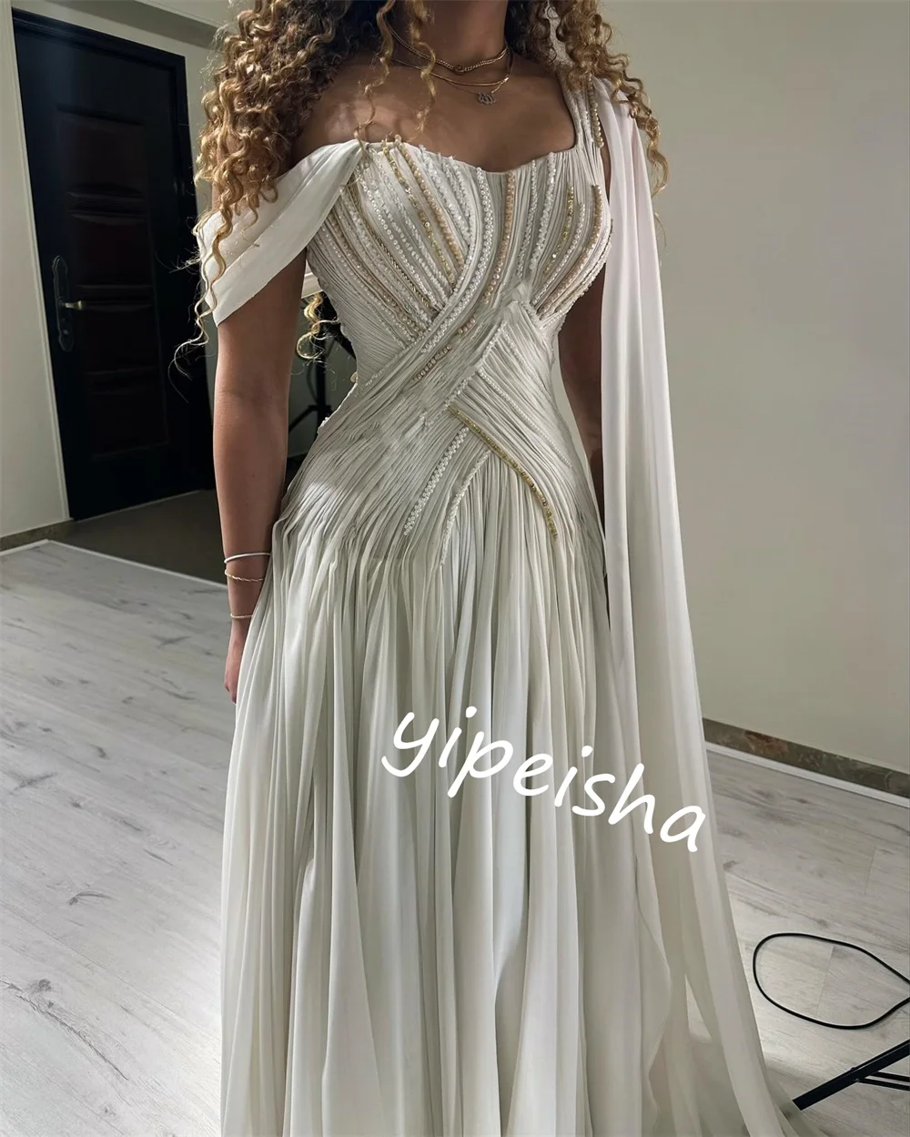 ที่กําหนดเอง Sparkle ประณีต JERSEY Beading Draped หมั้น A-Line Off-the-shoulder Bespoke โอกาสชุดยาวชุด
