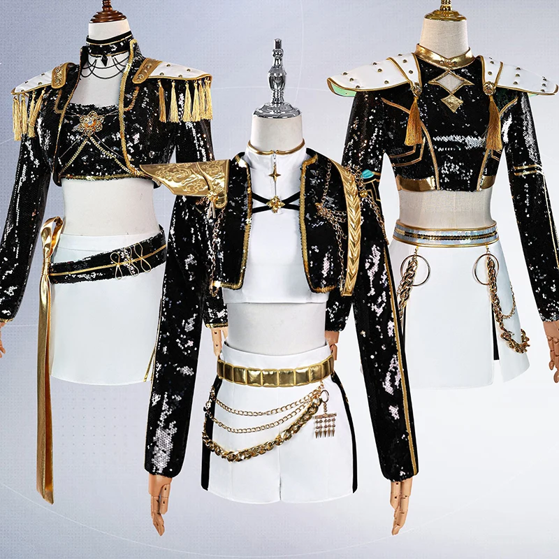 Rumi Zoey Mira Costume Cosplay Parrucca Donna Abito nero dorato Vestito da gioco di ruolo per feste di Halloween