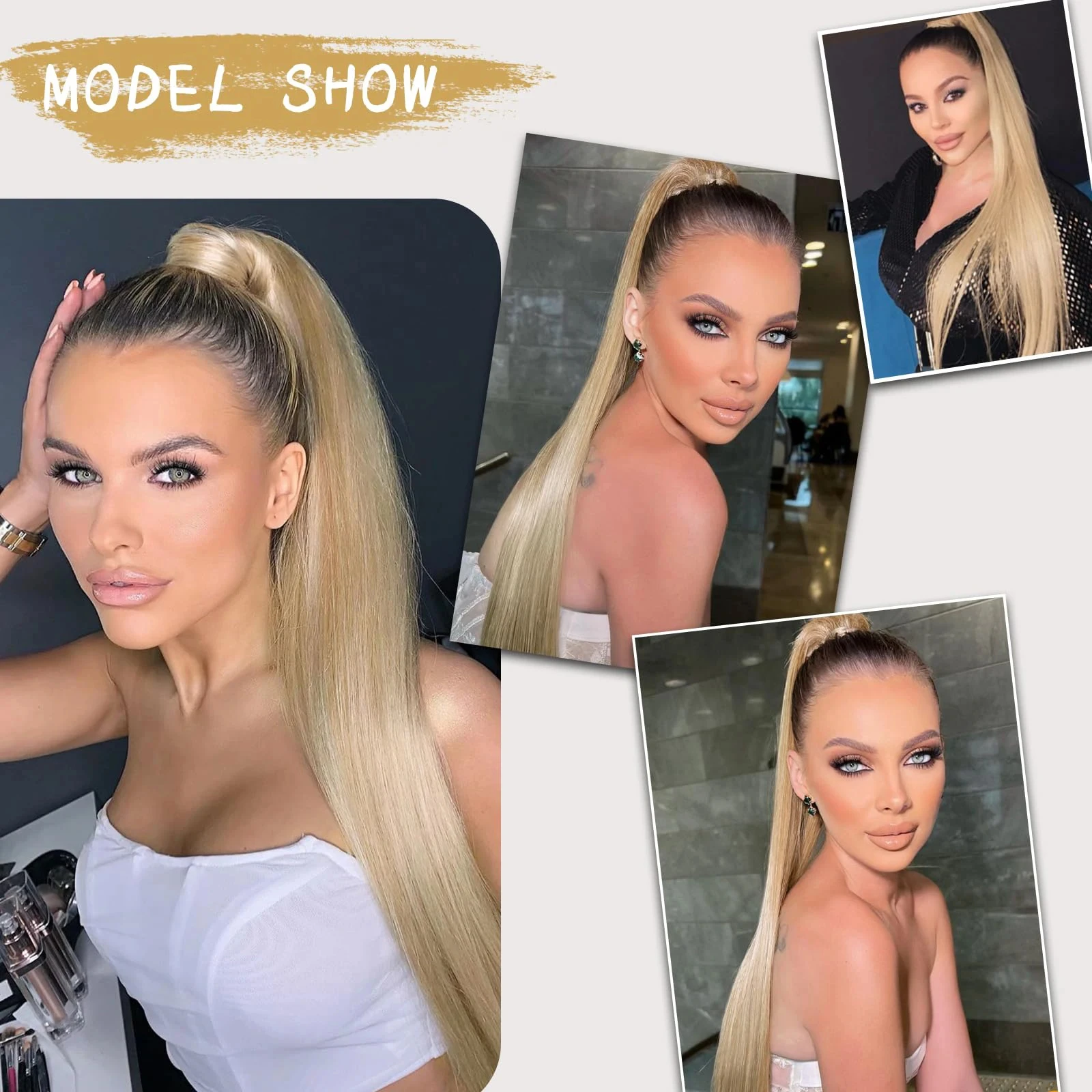 # Extensiones de cabello con cola de caballo con cordón recto Rubio 613, extensiones de cabello humano 100% sin procesar, 10-26 pulgadas, 120G para mujeres