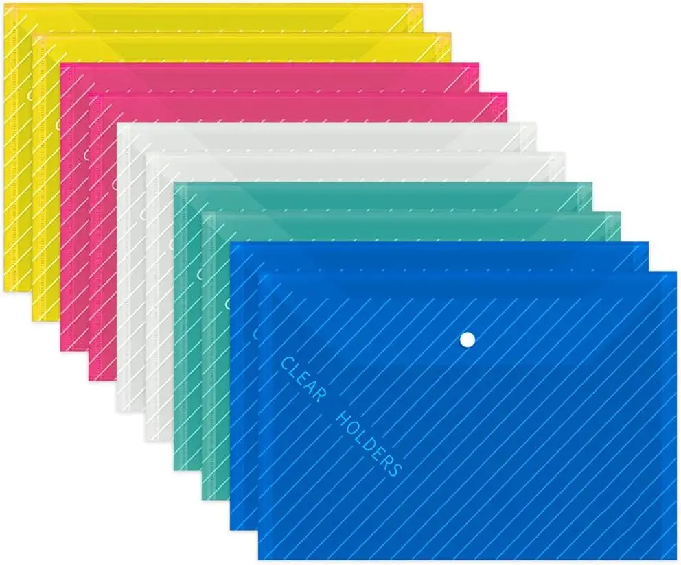10 stuks plastic mappen voor documenten, A4-formaat plastic enveloppen met kliksluiting, doorzichtige bestandsmappen tassen voor schoolkantoor
