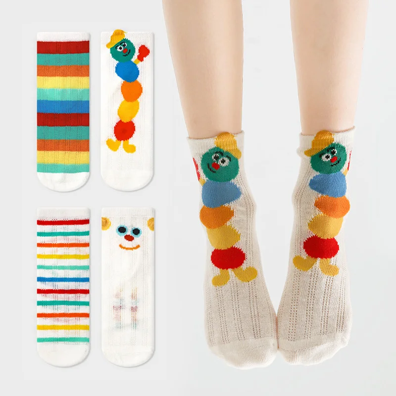 4 Paar Mädchensocken mit niedlichem Cartoon-Raupenmuster, bequem, atmungsaktiv, gestreift, für Jungen und Kinder