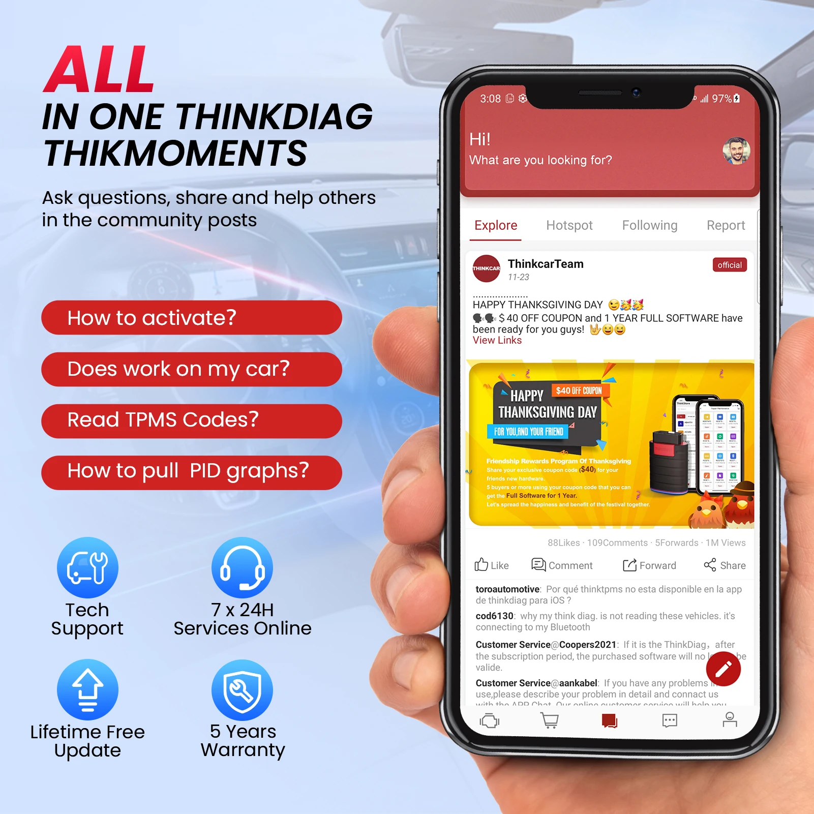 THINKCAR THINKDIAG Mini obd2 сканер для всех автомобилей, полная диагностика системы, автоматический диагностический инструмент, чтение/очистка ошибок, пожизненное бесплатное обновление