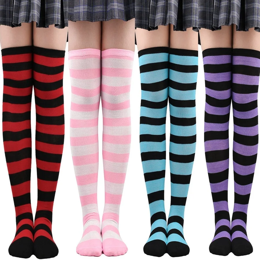 Medias altas hasta el muslo a rayas para mujer, calcetines largos por encima de la rodilla en negro, blanco y rosa, femboy Cosplay Lolita Harajuku Y2k