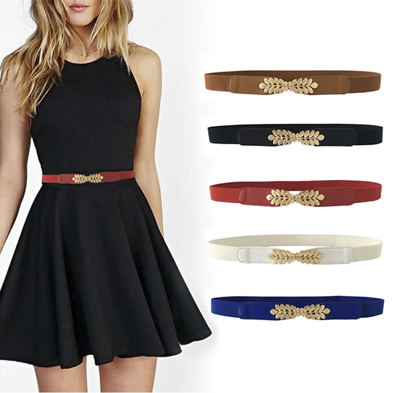 Mode Blad Taillebanden Rekbare Dame Hot Elastische Cummerbunds Voor Vrouwen Donkerblauwe Riem Jurk Goud Dubbele Metalen Gesp Tailleband
