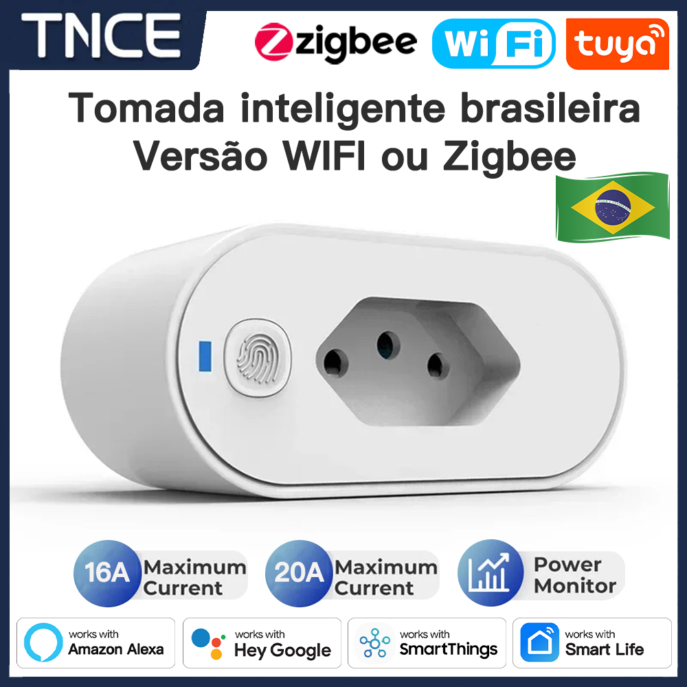 Adapter TNCE Tuya Brazil Plug 16/20A, gniazdo WIFI lub zigbee z monitorem zasilania, inteligentne sterowanie gniazdkiem, głos dla Google Home Alexa