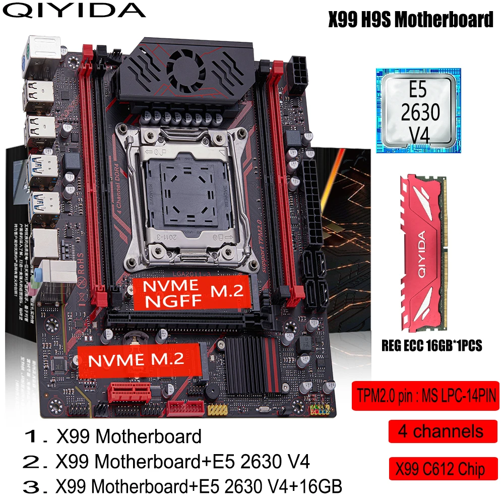 Qiyida x99 h9s conjunto de placa-mãe com LGA2011-3 xeon e5 2630 v4 cpu ddr4 16gb reg ecc memória nvme m.2 tpm 2.0 interface sata3