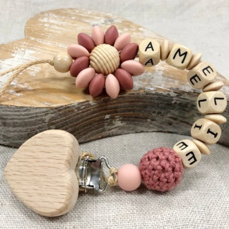 Cuentas de silicona con nombre personalizado, anillo de madera, Clips para chupete, cadenas de dentición seguras, mordedor para bebé, soporte de Clips de haya simulado ecológico