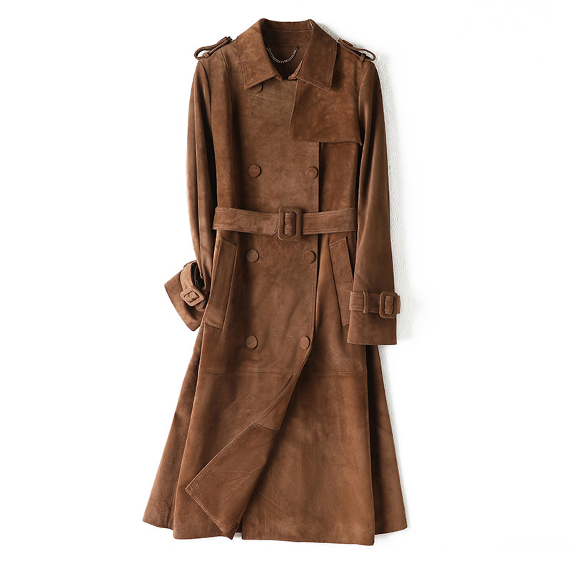 Chaqueta larga de cuero de vaca 100% con cinturón para mujer, gabardina cortavientos de gamuza de lujo para oficina, Otoño e Invierno