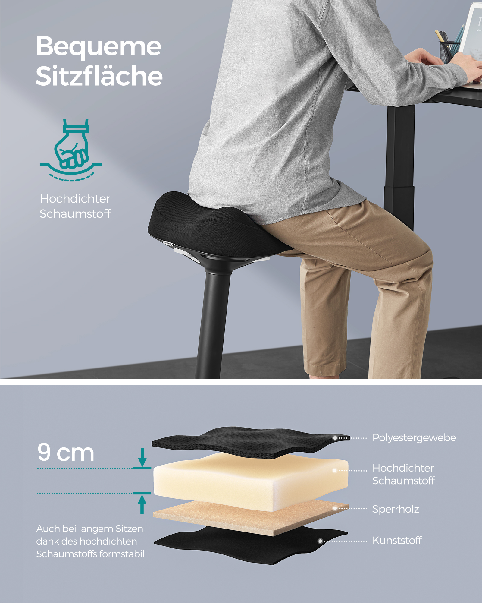 SONGMICS Hocker, Stehhocker um 360° neigbar, Schreibtischstuhl, höhenverstellbar 58-83 cm