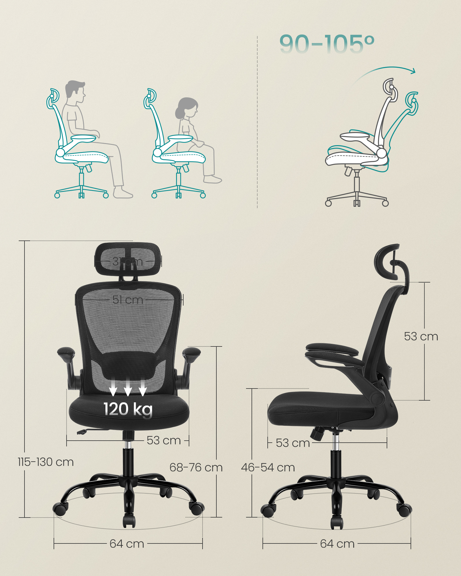 SONGMICS Bürostuhl, ergonomisch, Schreibtischstuhl, Drehstuhl mit Mesh