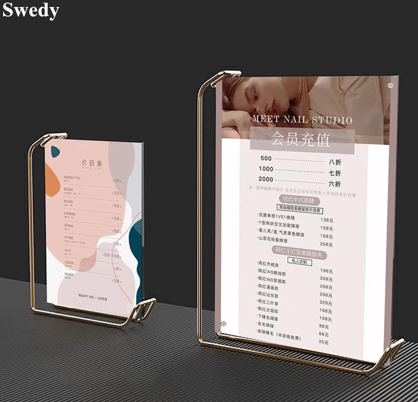6 นิ้ว 105x150 มม.ผู้ถือป้ายอะคริลิคเมนูกระดาษราคารายชื่อโปสเตอร์กรอบเด็กงานแต่งงานของขวัญโลหะภาพขาตั้งจอแสดงผล