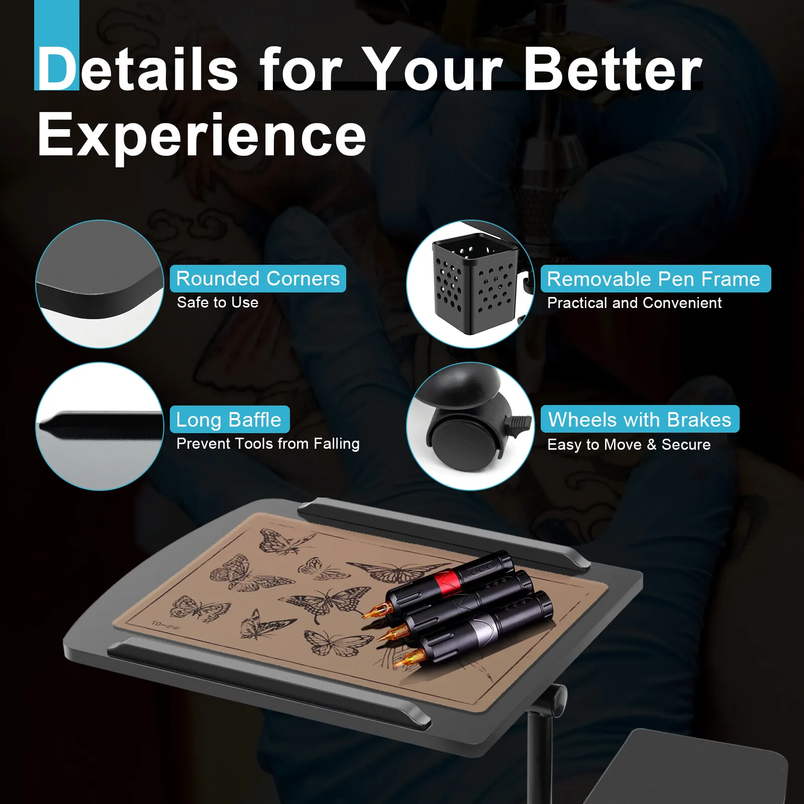 Tattoo Artist Workstation, Spacious Surface, Adjustable Angle, With Wheels, Easy To Clean, Ideal For Beginners