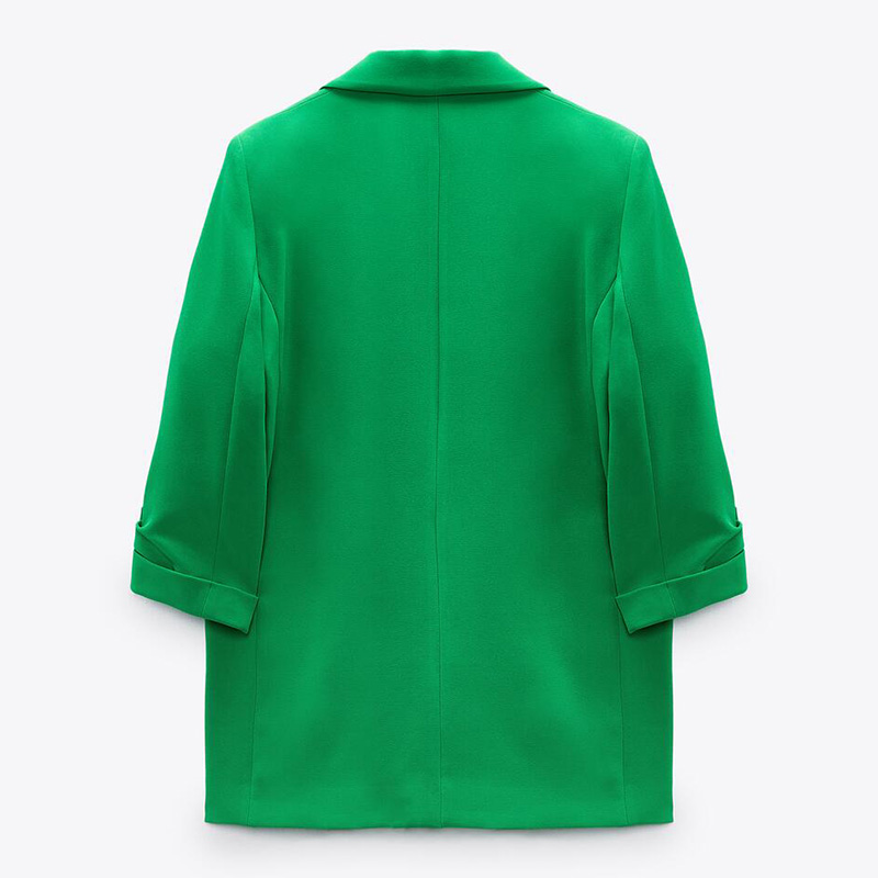 Blazer Berlekuk Longgar Kasual Mode Wanita Jaket Lengan Dapat Digulung Hijau Elegan Setelan Lurus Saku Musim Semi Wanita