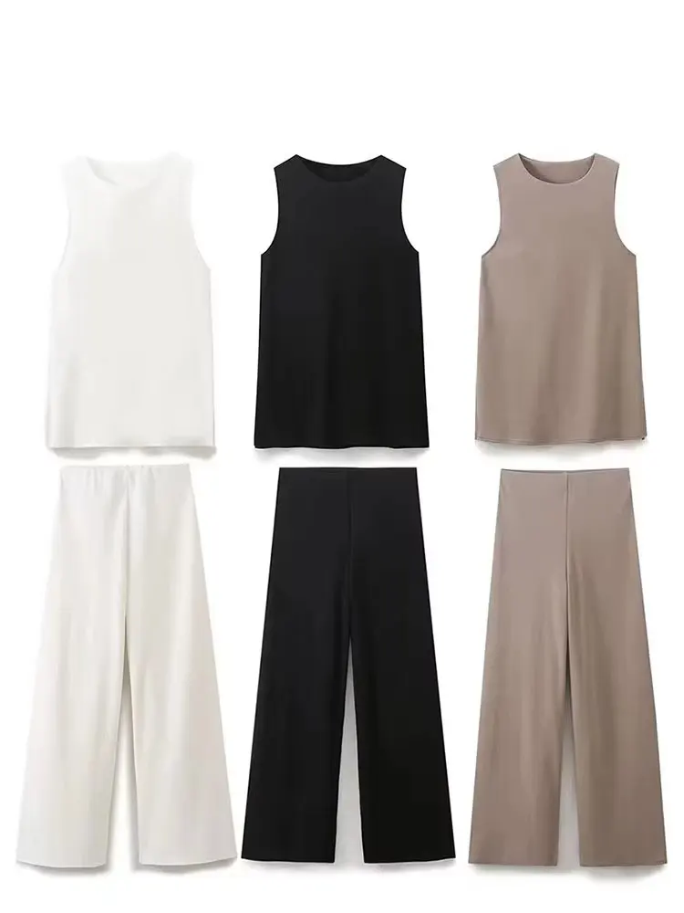 HH2025, Sommer Frauen Weste Hose Sets O Hals Ärmelloses T-Shirt Elastische Taille Lose Hosen Casual Frau Vintage Solide anzug