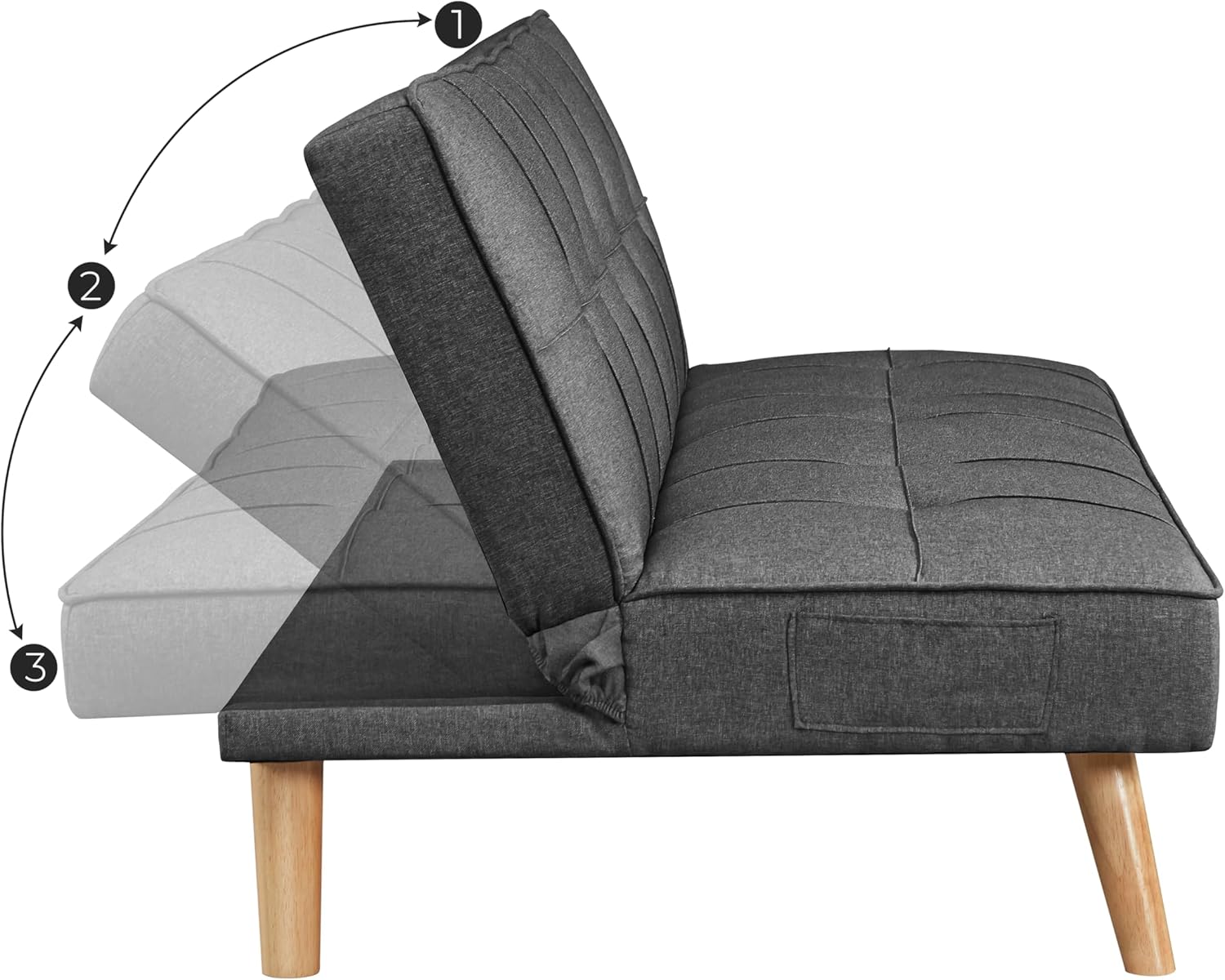 Sofá cama futón, sofá cama convertible, tapizado de lino y algodón y patas de madera, gris