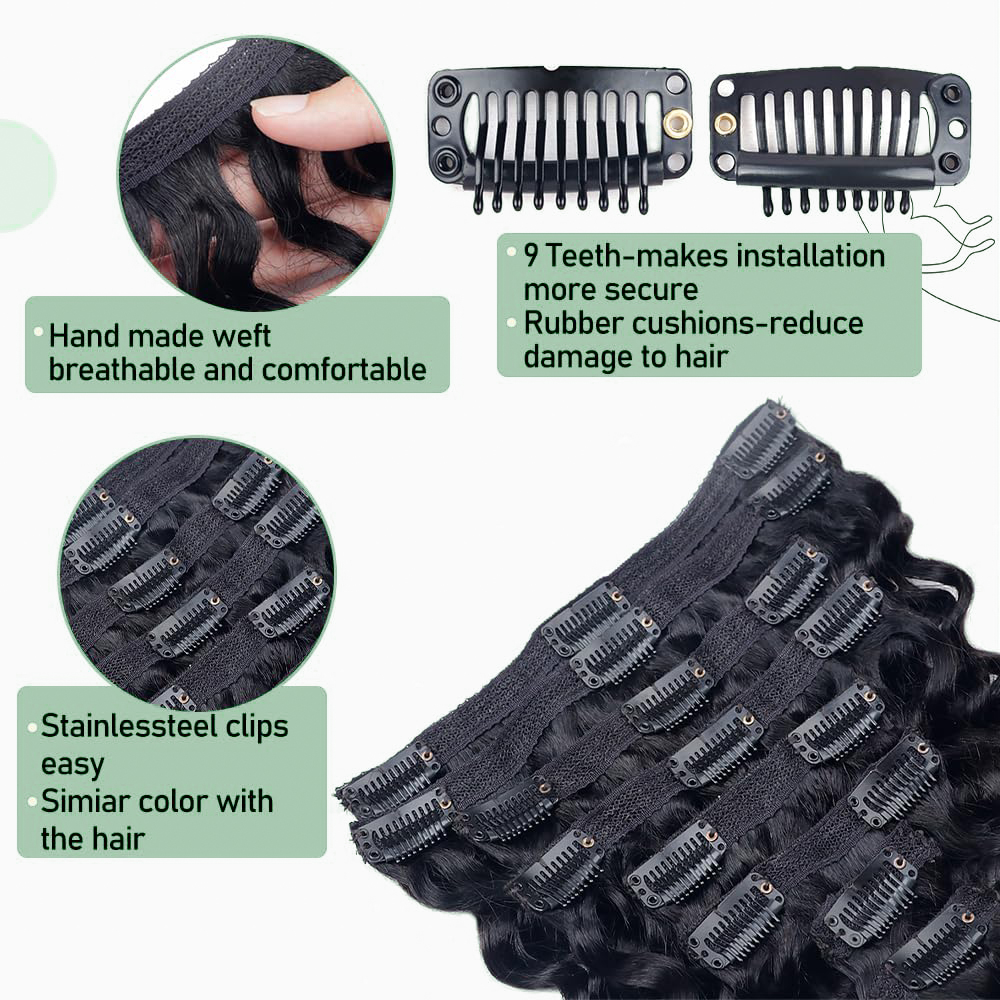 คลิปเส้นผมมนุษย์ลอนลึกที่ยืดผมบราซิลเลี่ยนคลิปใน8ชิ้น/เซ็ตคลิปสีดำธรรมชาติสำหรับผมเรมี่10-26นิ้ว120กรัม