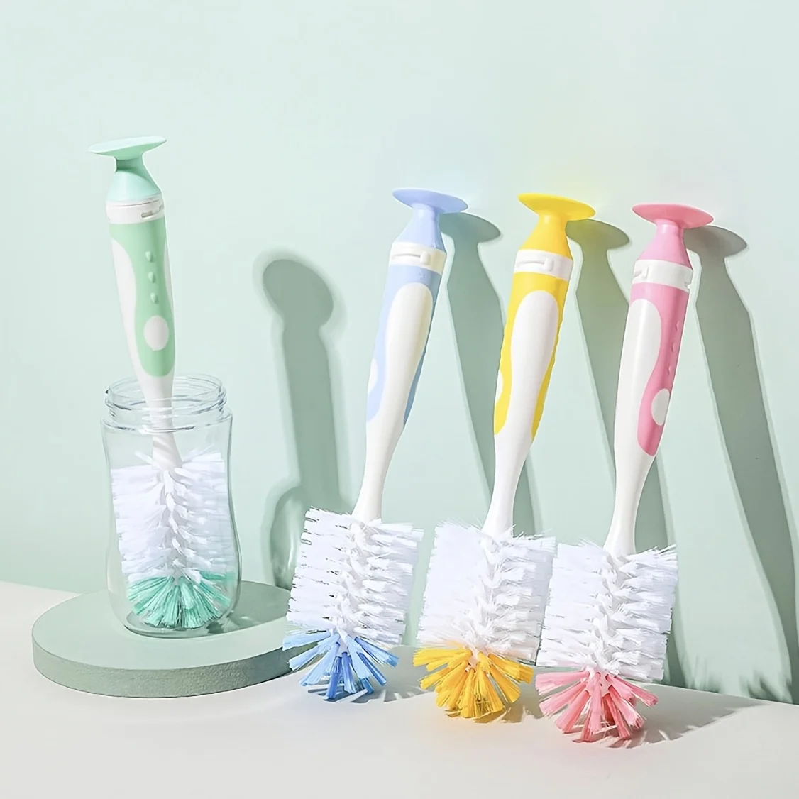 2-in-1-Reinigungsbürste für Babyflaschenbecher aus Nylon mit Saugnapf und Ständer, zum Füttern und Reinigen
