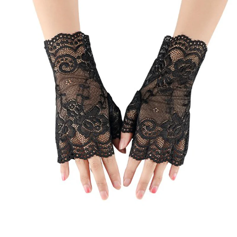 Guanti da donna con protezione solare in pizzo corto con mezze dita, decorazione per cerimonia nuziale con dita aperte