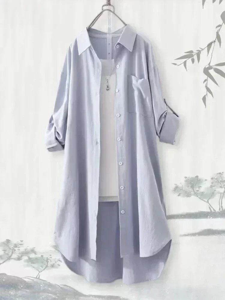 Plus Size Vrouwen Eenvoudige Lange Mouw Blouse Chique Koreaanse Stijl Loose Fit Ademend Shirt Casual Herfst Effen Kleur Midi Tuniek Tops