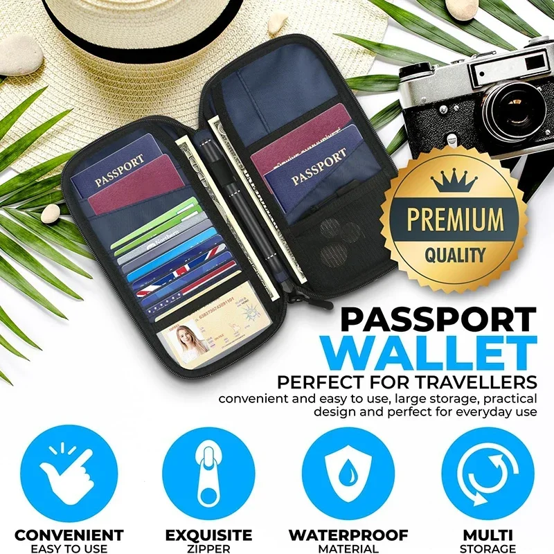 Capa leve para passaporte de viagem familiar, carteira com zíper, bolsa organizadora de documentos oxford com alça de pulso removível para mulheres e homens