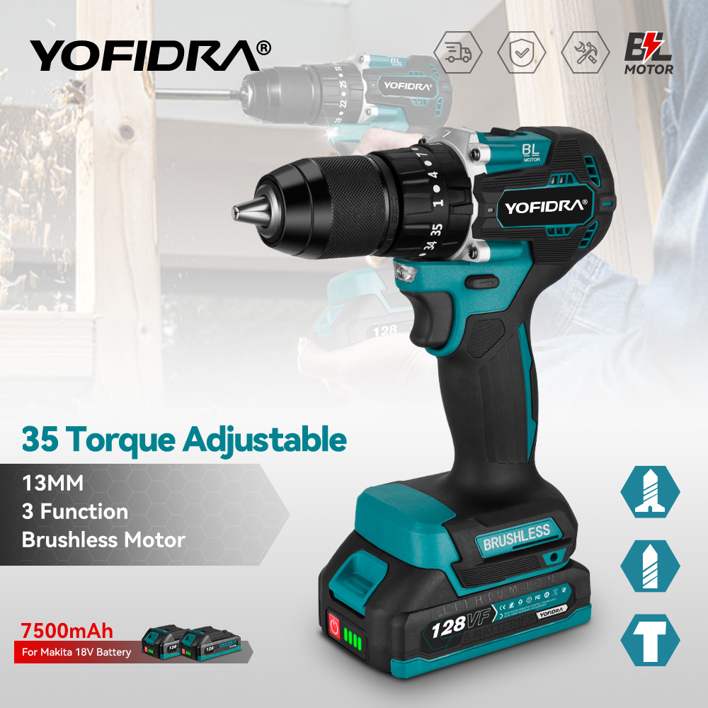 Yofidra 13MM 35 + 3 Drehmoment Bürstenlosen Elektrischen Schlagbohrmaschine Akkuschrauber DIY Power Tool Für Makita 18V batterie