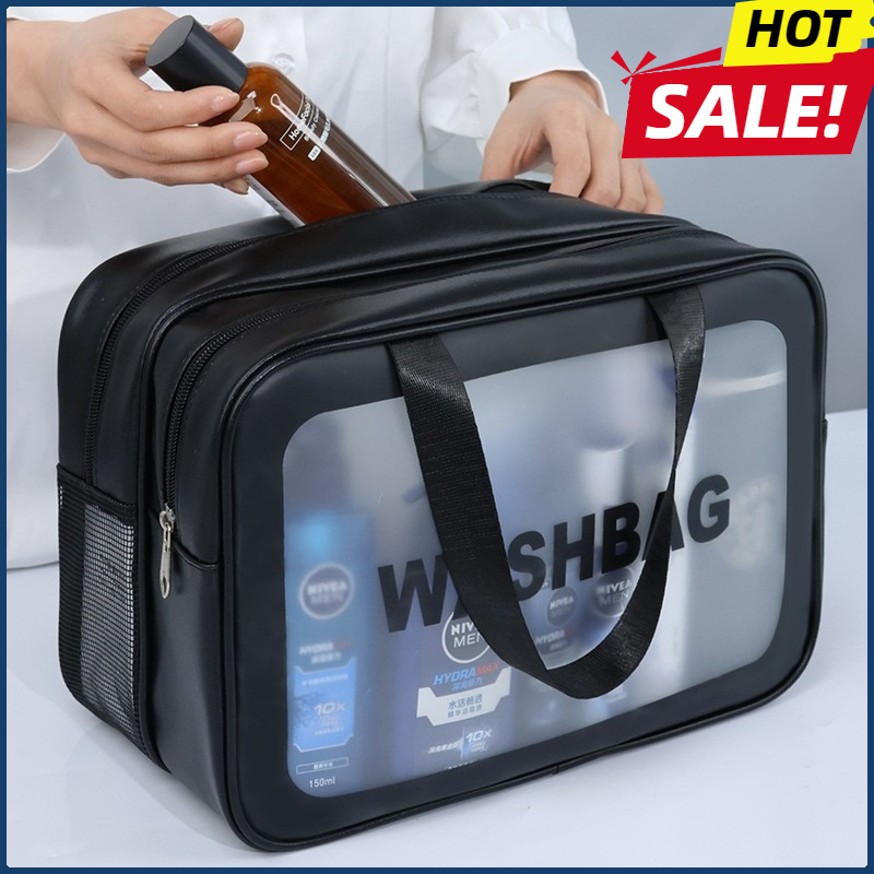 Bolsa de maquillaje de PU transparente doble con separación en seco y húmedo, bolsa de lavado portátil, bolsa de almacenamiento de cosméticos, artículos esenciales para viajes, fitness y natación