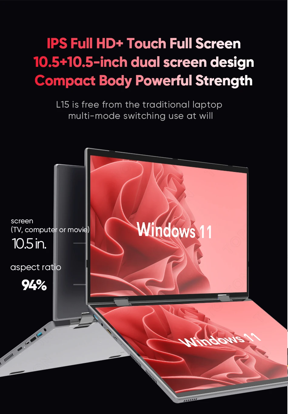 Dual-Screen-Touch-Laptop, umwandelbarer Laptop für Win 11 Pro, 10,5 Zoll Dual-Screen, Intel N95 Mini-PC, Heimbüro, Multimedia, 4500 mAh