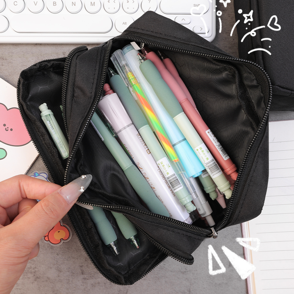 Large Capacity Black Simple Pencil Case Marker Pen Refillls Eraser Stationery Storage Pouch Bag School Office Organizer