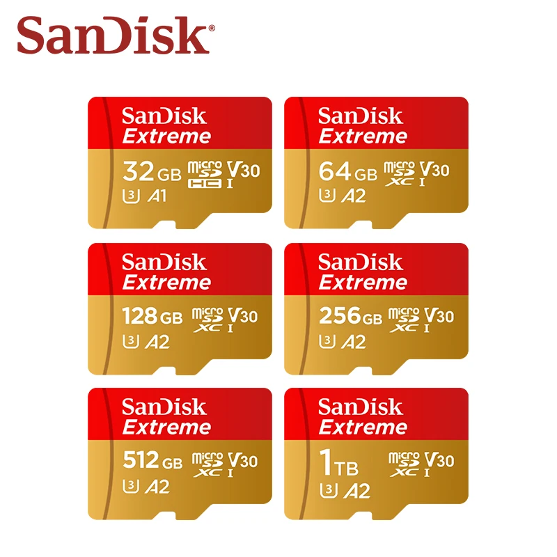 Карта памяти SanDisk Extreme microSDXC UHS-I CARD V30 A2 32 ГБ 64 ГБ 128 ГБ 256 ГБ 512 ГБ 1 ТБ Карта Micro SD Макс. 190 Мбит/с Флэш-карта TF
