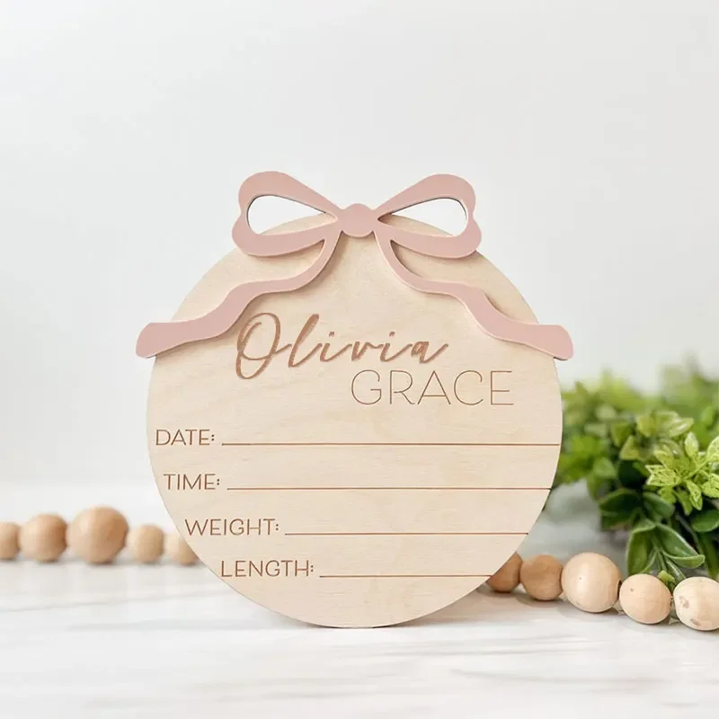 Nome personalizado disco arco sinal de anúncio do bebê com placa de nome de dados de nascimento anúncio de nascimento da menina sinal de nome personalizado