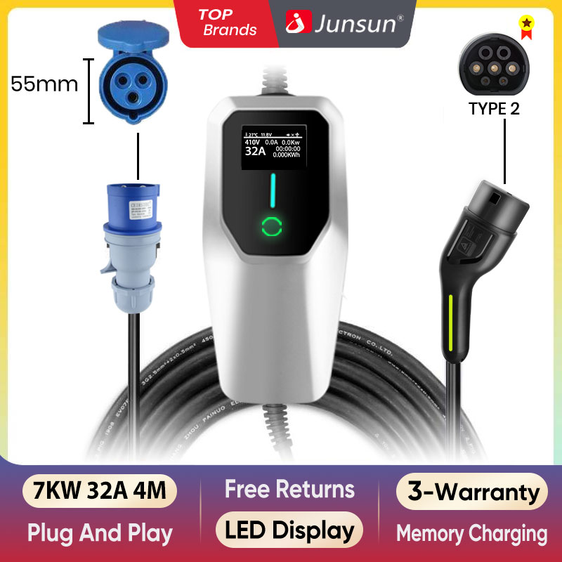Junsun-cargador ev wallbox para coche, dispositivo de carga rápida de 7kW, 32A, 3,5 kW, 16A, 3 fases, 11kW, 16A, 22kW, 32A, tipo 2 cargador coche dispositivos eléctricos de coche tipo 2 cargador cable carga coche tipo