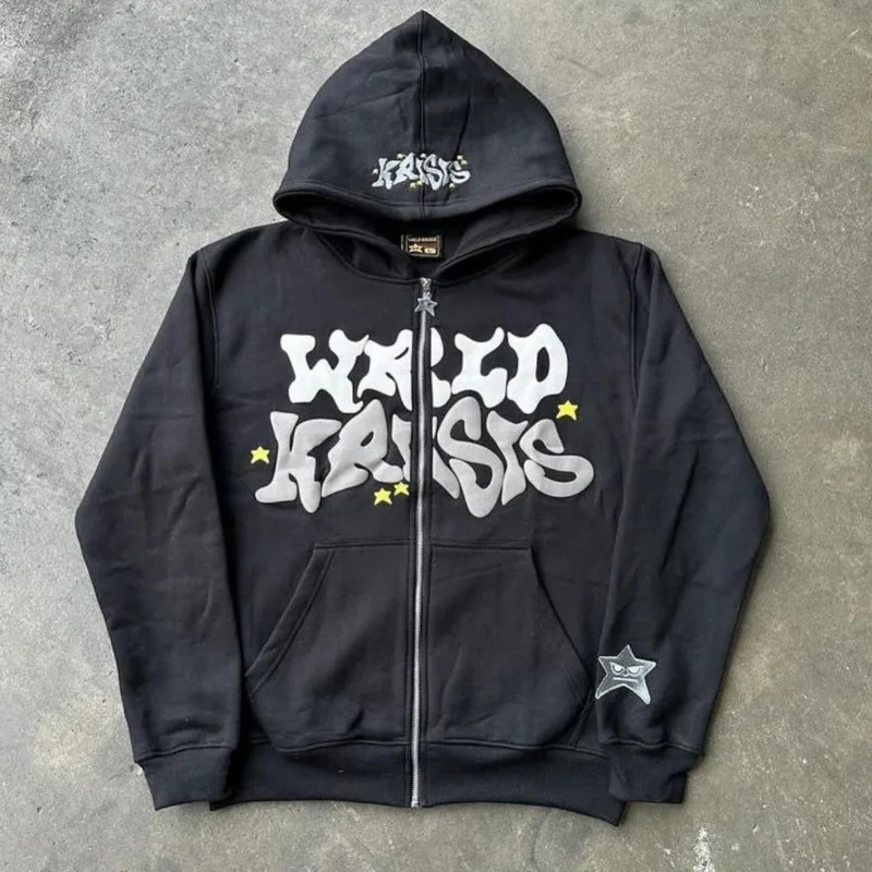Y2k Street Retro estampado de letras suelta Casual moda cremallera Sudadera con capucha mujeres Harajuku Hip-hop versátil sudadera de gran tamaño hombres