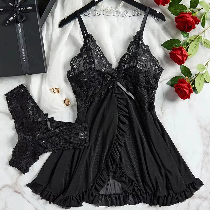 Women Lace Lingerie Set Transparent Babydoll Nightdress with Panty Sexy Lace Sleepwear Nightwear Pajamas Set for Women