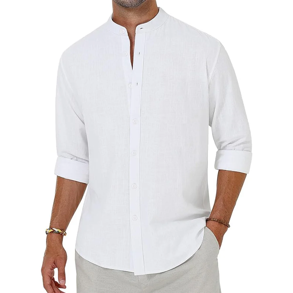 Camicie da uomo in cotone e lino Camicia abbottonata a maniche lunghe Colletto Henley Camicie da spiaggia Vacanza hawaiana Top casual da uomo