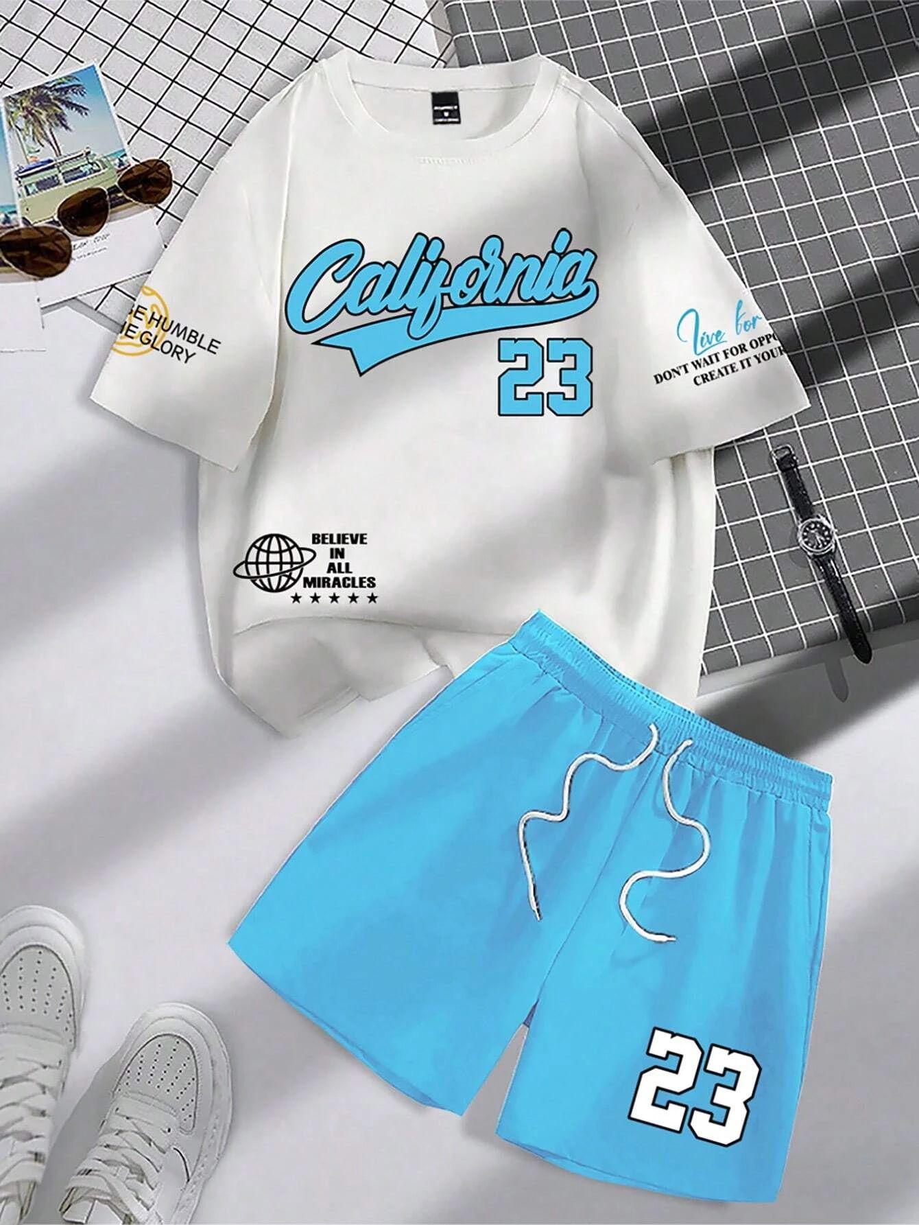 2025 verão nova tendência terno masculino em torno do pescoço manga curta conjunto moda personalizado impressão alfanumérica em torno do pescoço camiseta e shor