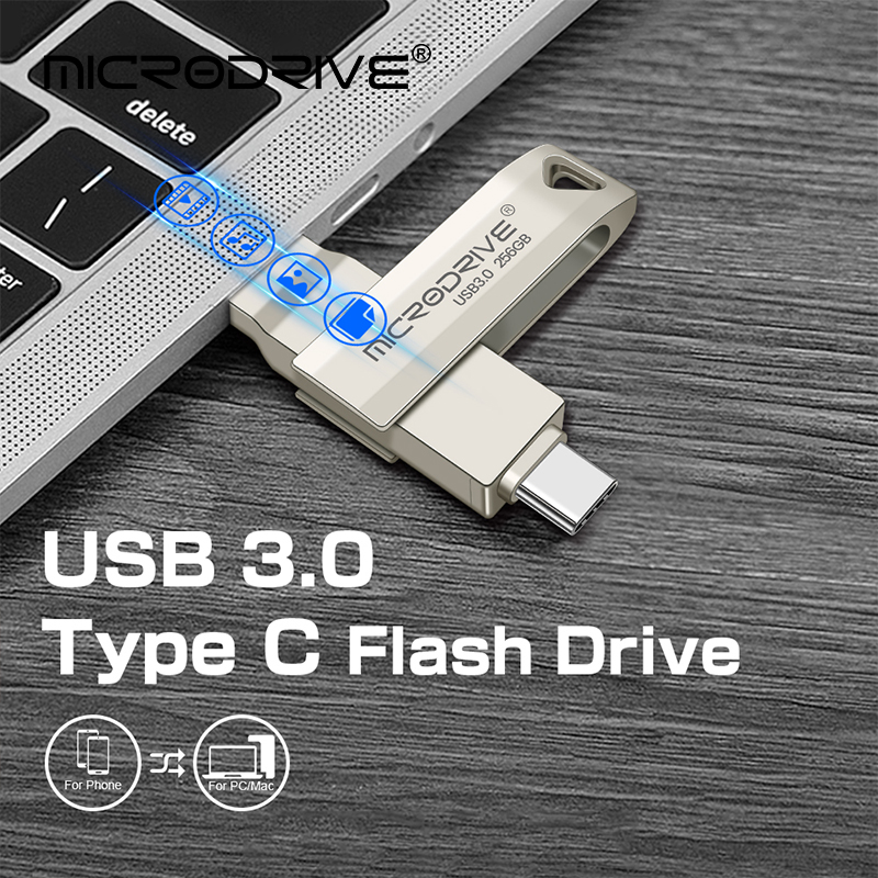 2 em 1 otg USB-C flash pen drive metal memória vara usb 3.0 disco flash 64gb 128gb 256g usb3.0 duplo c pendrive frete grátis