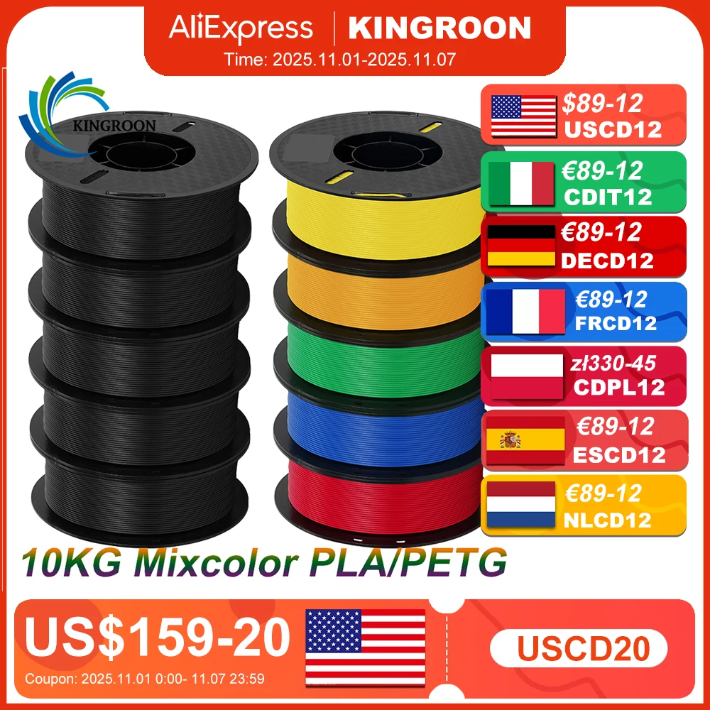 KINGROON 10KG PLA Filament PETG 3d Filament 1.75mm Do drukarki 3D Pakiet filamentów Mieszane kolory Materiał drukarski FDM Szybka wysyłka