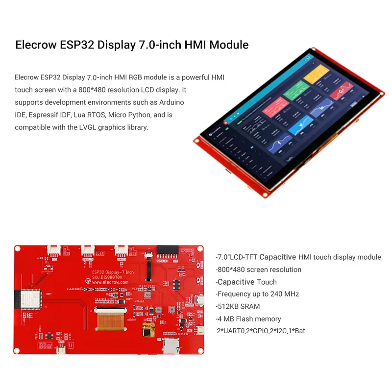 CrowPanel-7,0 inch slimme grafische 800x480 RGB SPI TFT LCD-module touchscreen ESP32 voor Arduino MicroPython