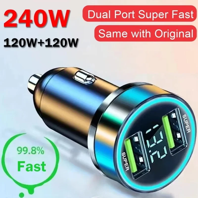 240W autolader Dubbele USB-poorten 120W Supersnel opladen met digitaal display Snellaadadapter voor IPhone Samsung Xiaomi