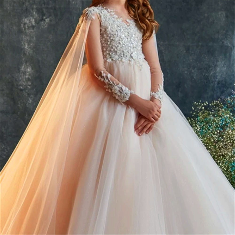 Robes de première Communion en dentelle à manches longues, impression Flash, queue de princesse, robe de demoiselle d'honneur, fête de mariage, bal, cadeau d'anniversaire de rêve