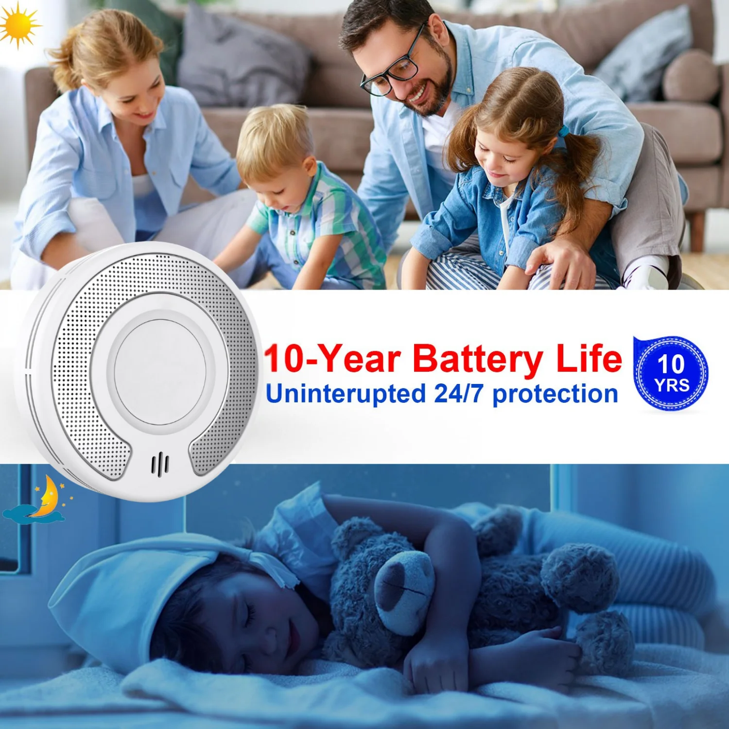 Tuya WiFi Detector de humo interconectado inalámbrico y alarma de calor-batería sellada de 10 años, botón de prueba/silencio grande, Compa de hogar inteligente