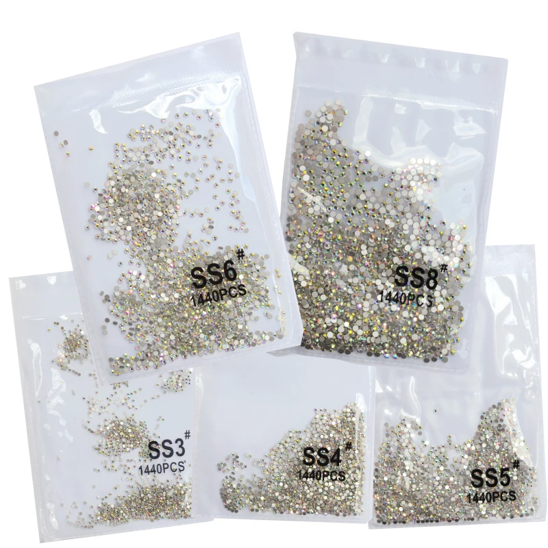 SS3-ss8 1440 Uds cristal transparente AB oro 3D sin HotFix FlatBack Nail Art decoraciones de diamantes de imitación zapatos y decoración de baile