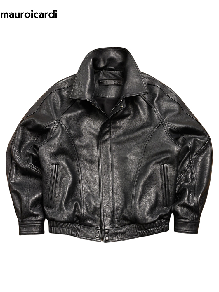Mauroicardi 春秋クールハンサム黒ハード Pu レザージャケット男性ジッパー高級デザイナーアメリカンヴィンテージ服 2024