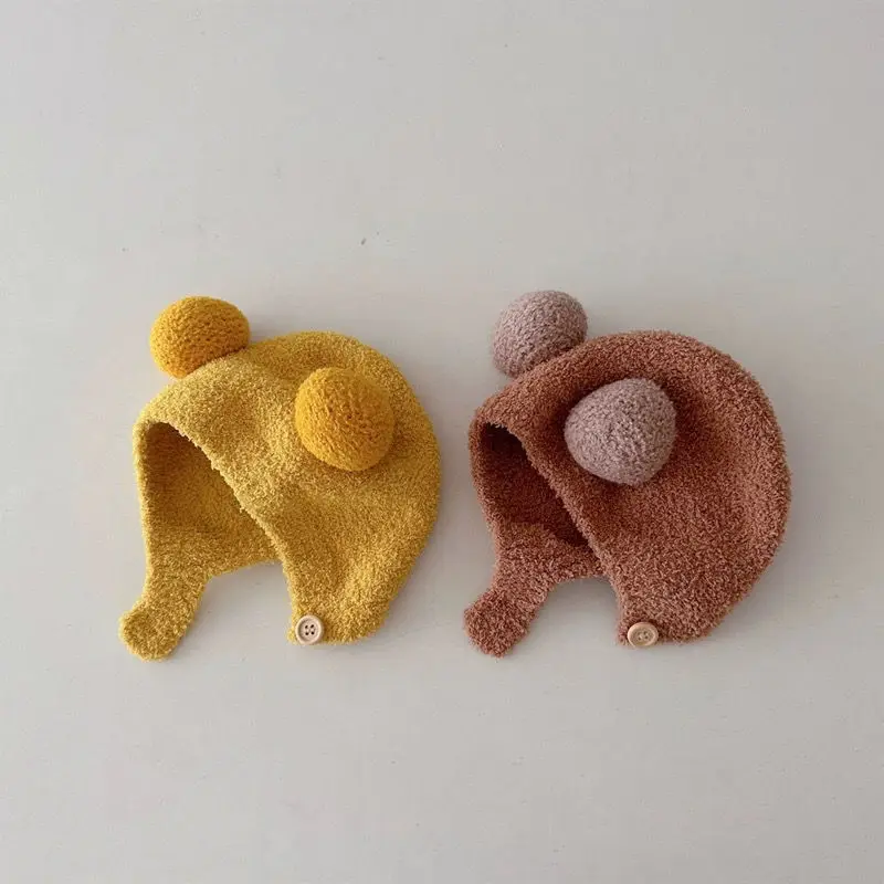 Leuke Winter Warm Kinderen Meisje Jongens Baby Hoeden Fleece Wol Zomen Caps met Bal Effen Wol Gehoorbescherming Hoeden Zachte Pasgeboren Motorkap