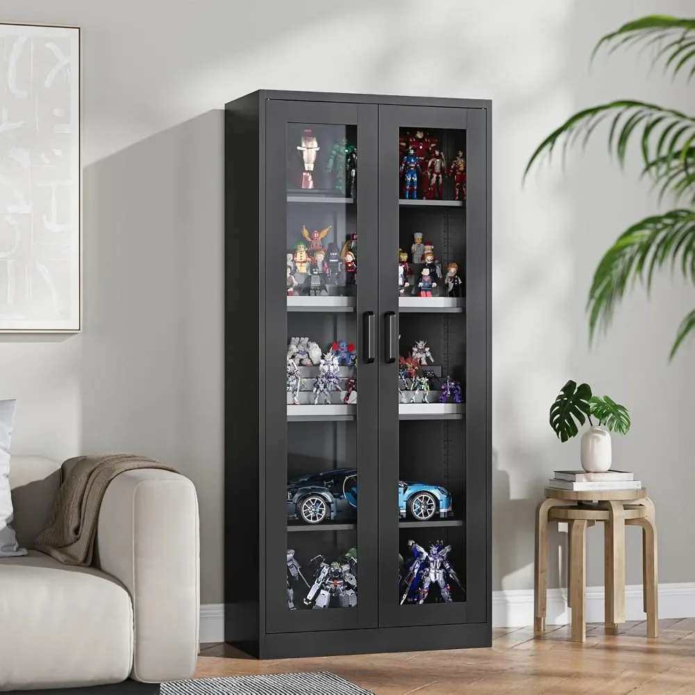 Display Cabinet with Glass Doors, 67-inch Curio Cabinets with 4 Adjustable Shelves, HD&Tempered Glass Cabinet Display Case